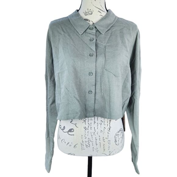 Cisono -520 Los Angeles Green Sage Crop Shirt Long Sleeve Linen Blend Top‎ LTP17 - Picture 1 of 8